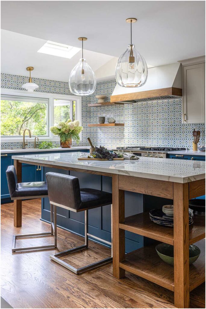 Hinsdale Kitchen Interior Design Blue cabinets with wood island