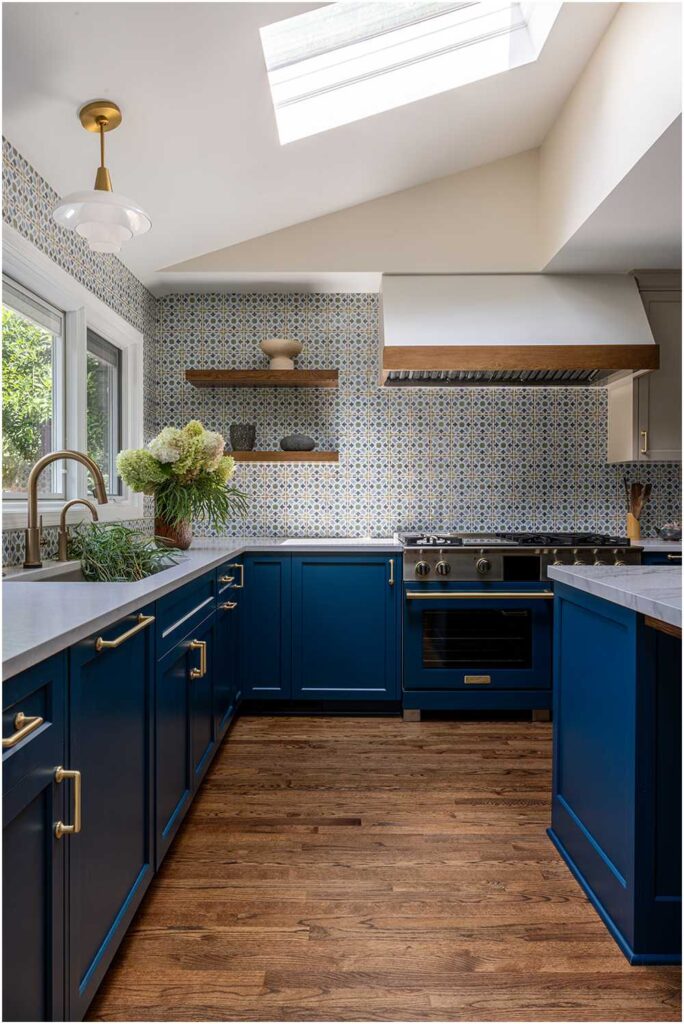 Hinsdale Kitchen Interior Design Blue cabinets with skylight