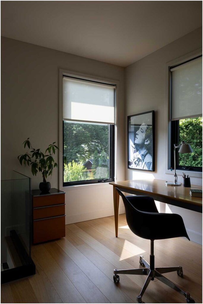 midcentury modern loft office with window to the exterior roof — interior design photography for designers