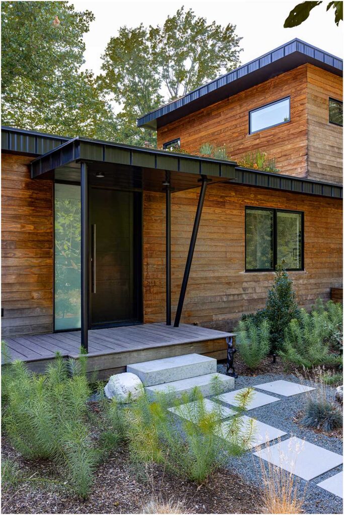 Midcentury modern home with wood slats and beautiful landscaping — interior design photography for designers